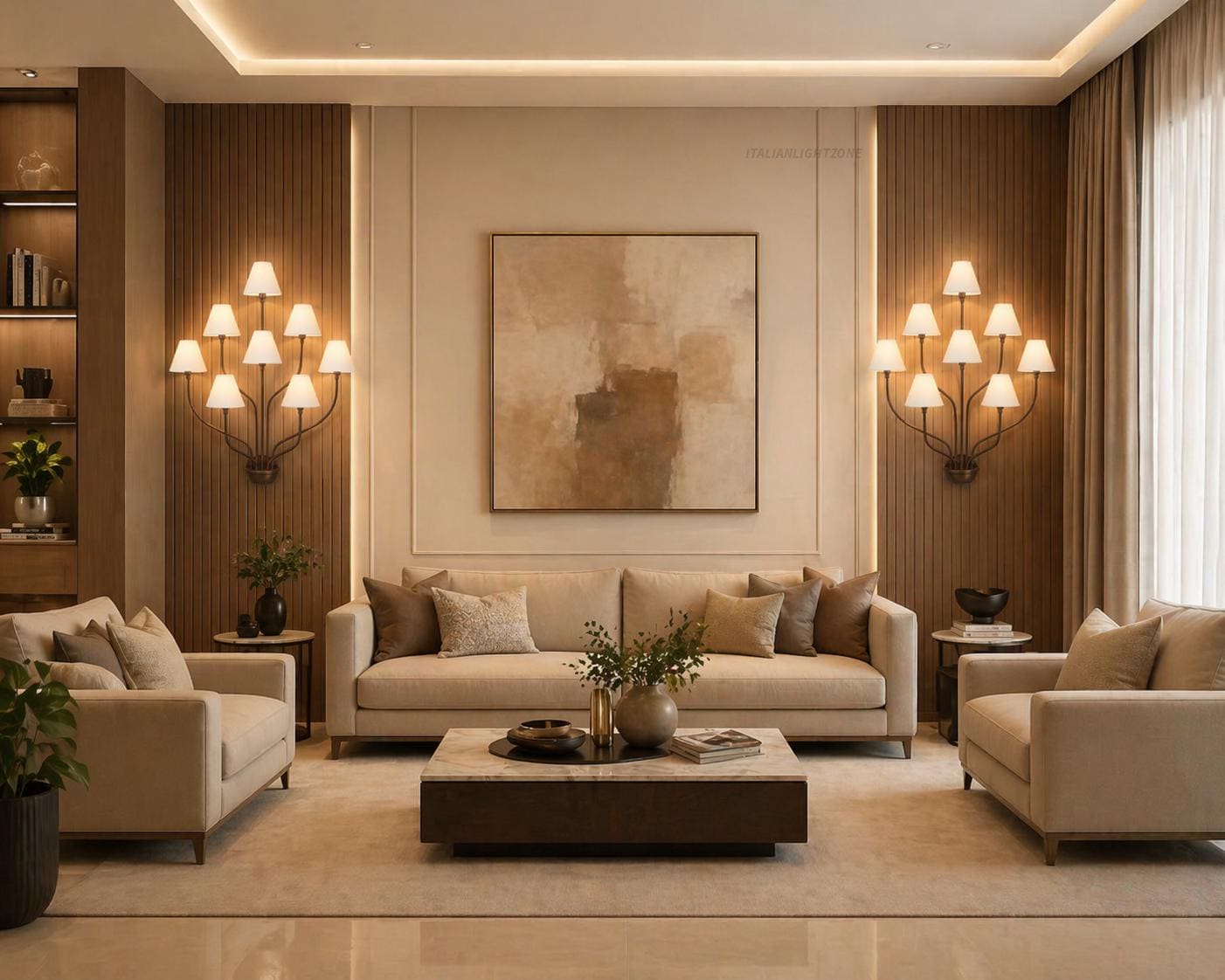 Modern  Brass wall sconce with White Fabric Shades – Mid Century Multi Arm Ceiling Light Fixture for Living Room, Dining Room, Bedroom Décor