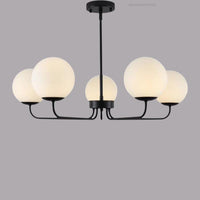 Mid Century Modern 5 Light Globe Chandelier, Brass Sputnik Linear Pendant, Frosted Ceiling Light Fixture for living room & Entryway