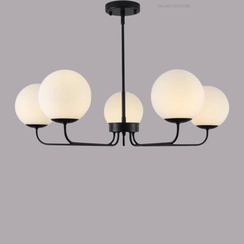 Mid Century Modern 5 Light Globe Chandelier, Brass Sputnik Linear Pendant, Frosted Ceiling Light Fixture for living room & Entryway