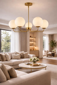 Mid Century Modern 5 Light Globe Chandelier, Brass Sputnik Linear Pendant, Frosted Ceiling Light Fixture for living room & Entryway