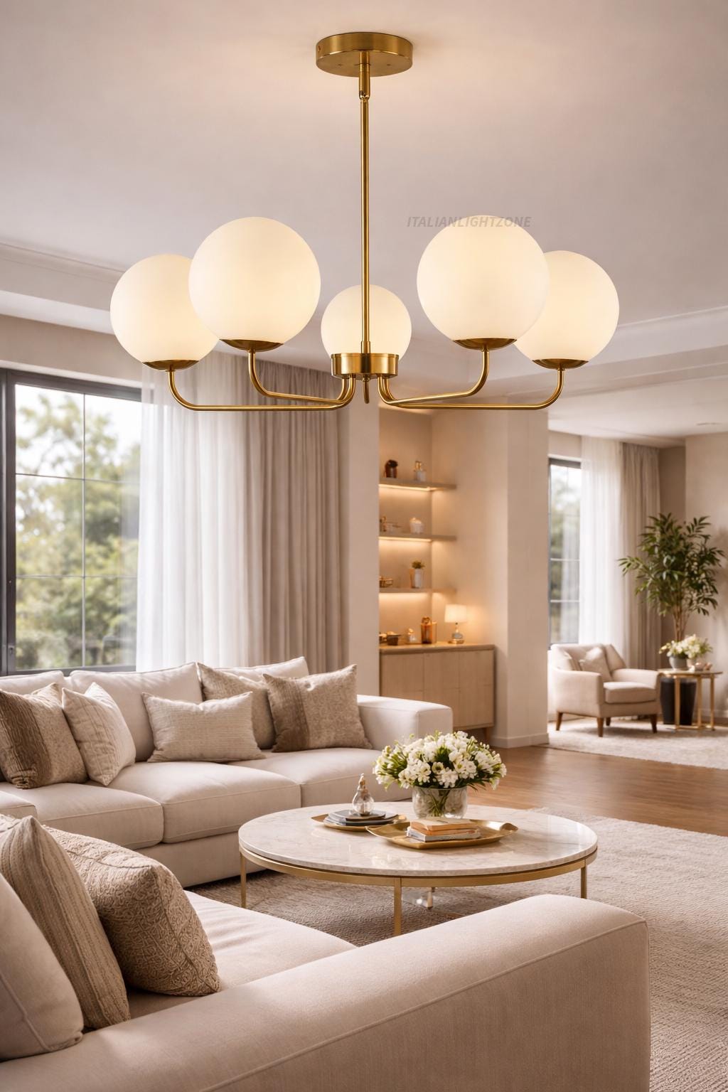 Mid Century Modern 5 Light Globe Chandelier, Brass Sputnik Linear Pendant, Frosted Ceiling Light Fixture for living room & Entryway