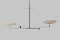 Mid Century Modern Linear Chandelier – Antique Brass Double Disc Ceiling Light, Minimalist 2-Light Italian Style Pendant Fixture