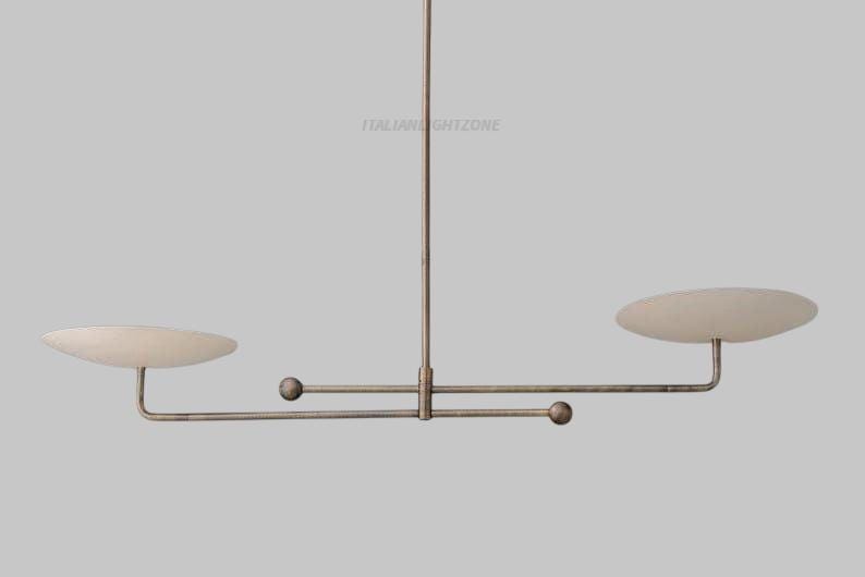 Mid Century Modern Linear Chandelier – Antique Brass Double Disc Ceiling Light, Minimalist 2-Light Italian Style Pendant Fixture