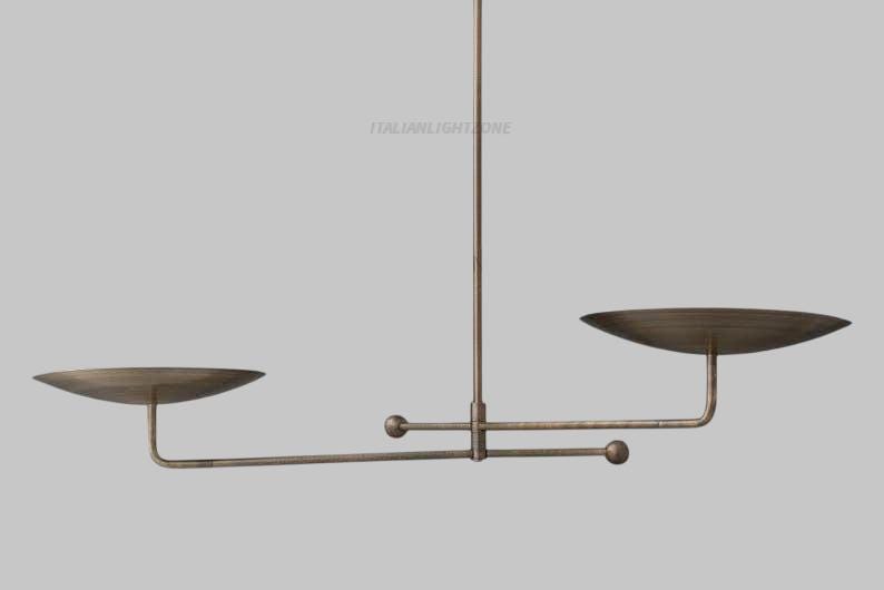 Mid Century Modern Linear Chandelier – Antique Brass Double Disc Ceiling Light, Minimalist 2-Light Italian Style Pendant Fixture