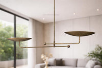 Mid Century Modern Linear Chandelier – Antique Brass Double Disc Ceiling Light, Minimalist 2-Light Italian Style Pendant Fixture