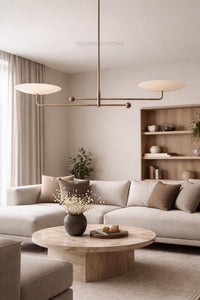 Mid Century Modern Linear Chandelier – Antique Brass Double Disc Ceiling Light, Minimalist 2-Light Italian Style Pendant Fixture