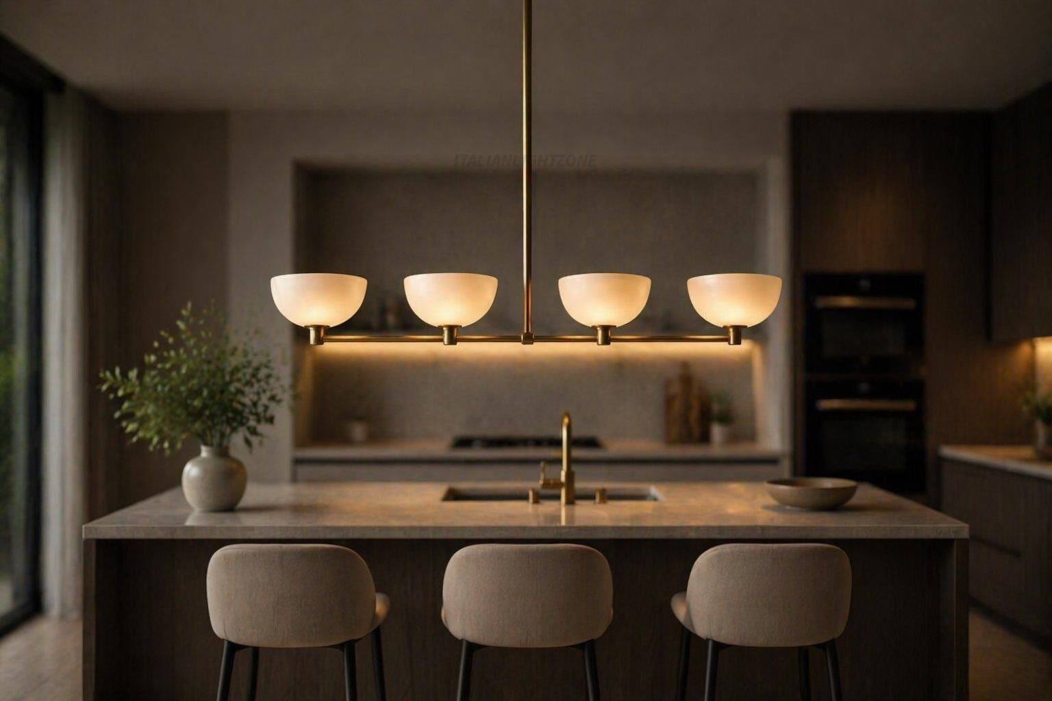 Mid Century Modern Brass Linear Chandelier – 4 Light Kitchen Island Pendant, Minimalist Bowl Shade Ceiling Light, Modern Dining Room Fixture
