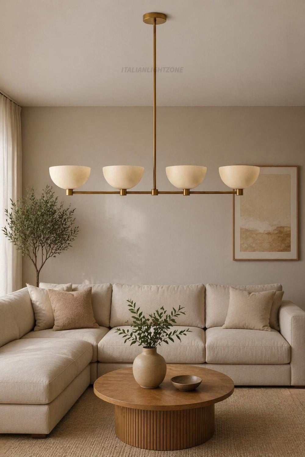 Mid Century Modern Brass Linear Chandelier – 4 Light Kitchen Island Pendant, Minimalist Bowl Shade Ceiling Light, Modern Dining Room Fixture