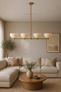 Mid Century Modern Brass Linear Chandelier – 4 Light Kitchen Island Pendant, Minimalist Bowl Shade Ceiling Light, Modern Dining Room Fixture