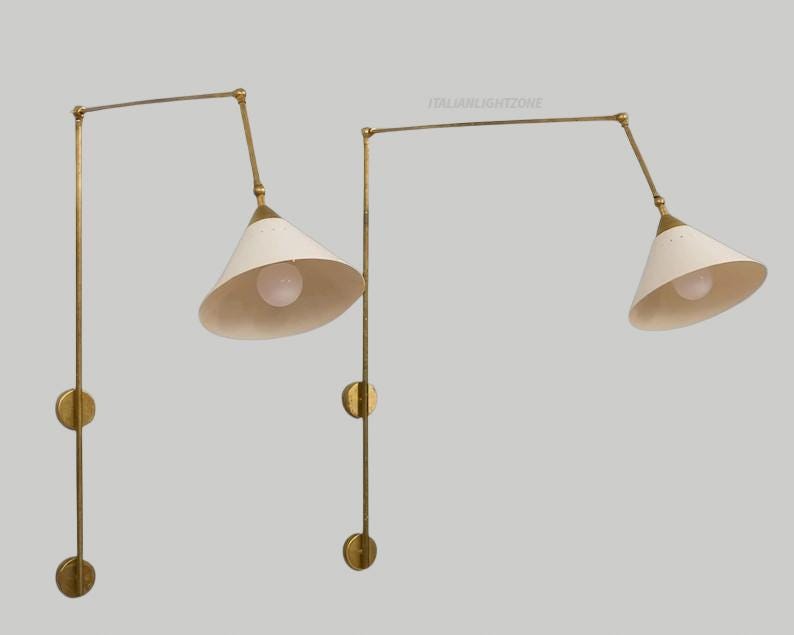 Modern Adjustable Brass Swing Arm Wall Lamp with Dual Cone Shades – Mid Century Industrial Sconce Lighting Fixture for bedroom & living room