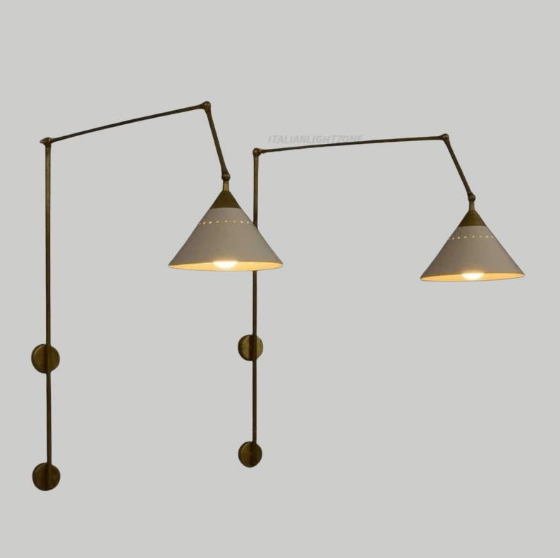 Modern Adjustable Brass Swing Arm Wall Lamp with Dual Cone Shades – Mid Century Industrial Sconce Lighting Fixture for bedroom & living room