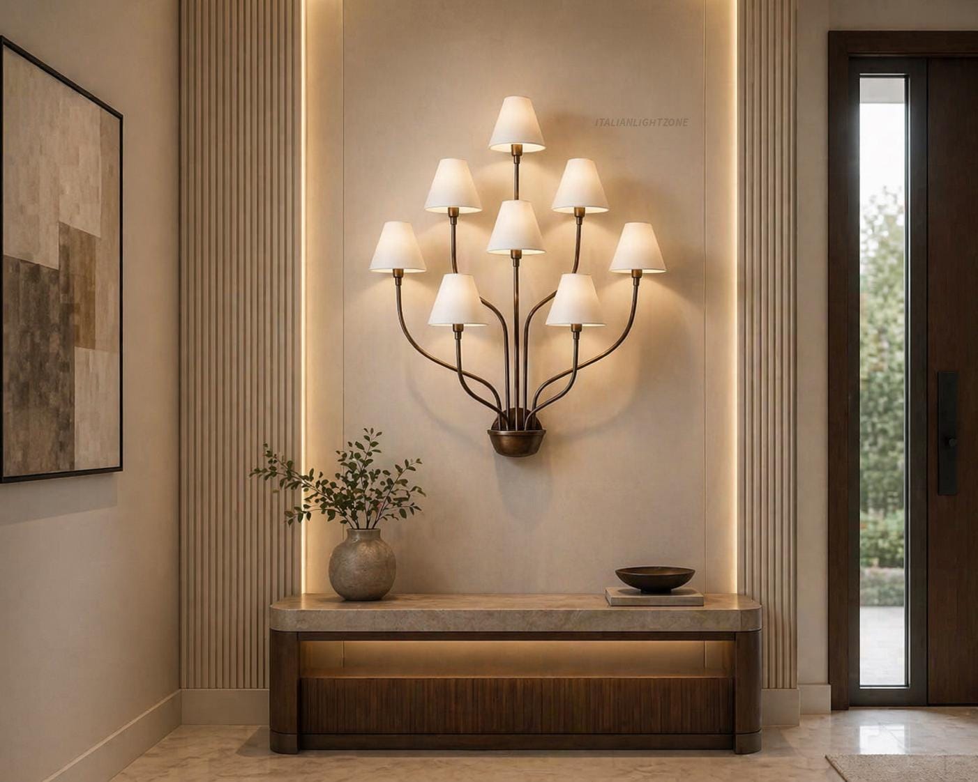Modern  Brass wall sconce with White Fabric Shades – Mid Century Multi Arm Ceiling Light Fixture for Living Room, Dining Room, Bedroom Décor