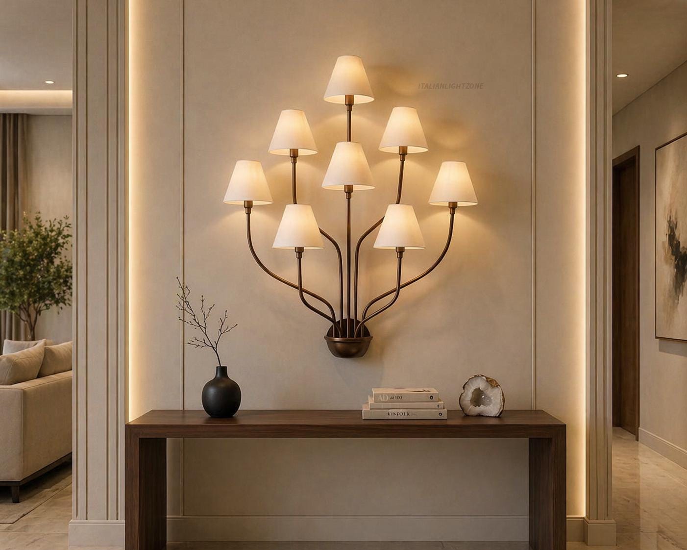 Modern  Brass wall sconce with White Fabric Shades – Mid Century Multi Arm Ceiling Light Fixture for Living Room, Dining Room, Bedroom Décor