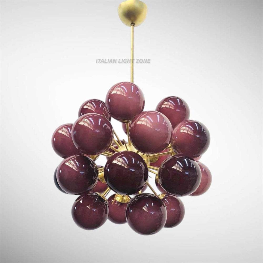 1950s Italian Mid Century Modern Burgundy Glass Sputnik Chandelier Brass Pendant Light, Retro Ceiling Lighting for Dining Room & Living Room