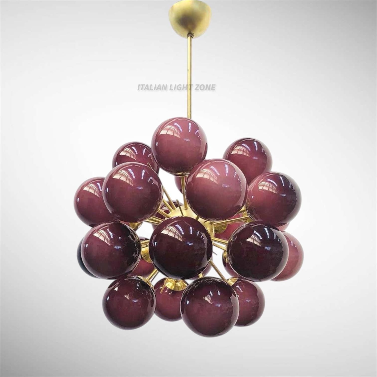 1950s Italian Mid Century Modern Burgundy Glass Sputnik Chandelier Brass Pendant Light, Retro Ceiling Lighting for Dining Room & Living Room