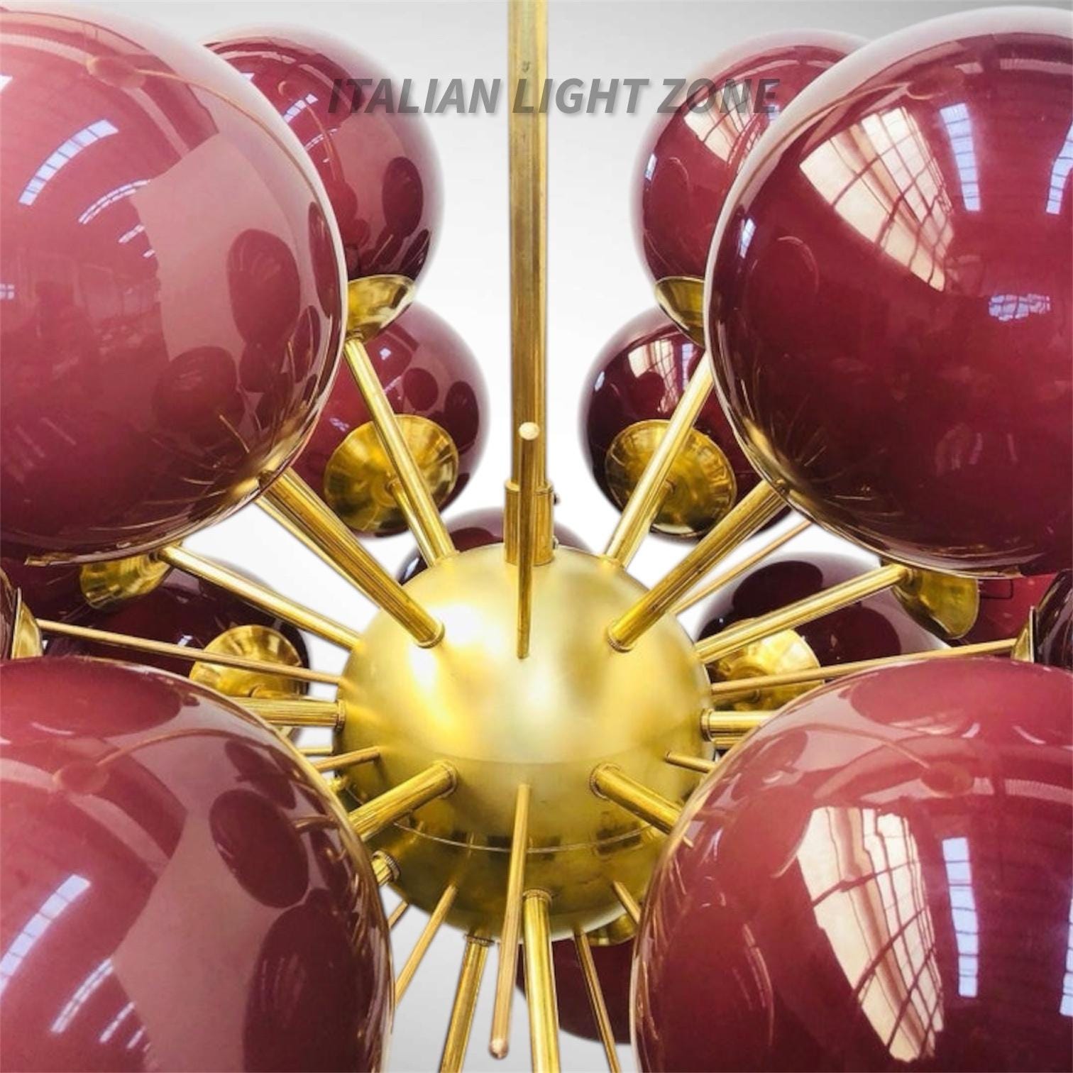 1950s Italian Mid Century Modern Burgundy Glass Sputnik Chandelier Brass Pendant Light, Retro Ceiling Lighting for Dining Room & Living Room