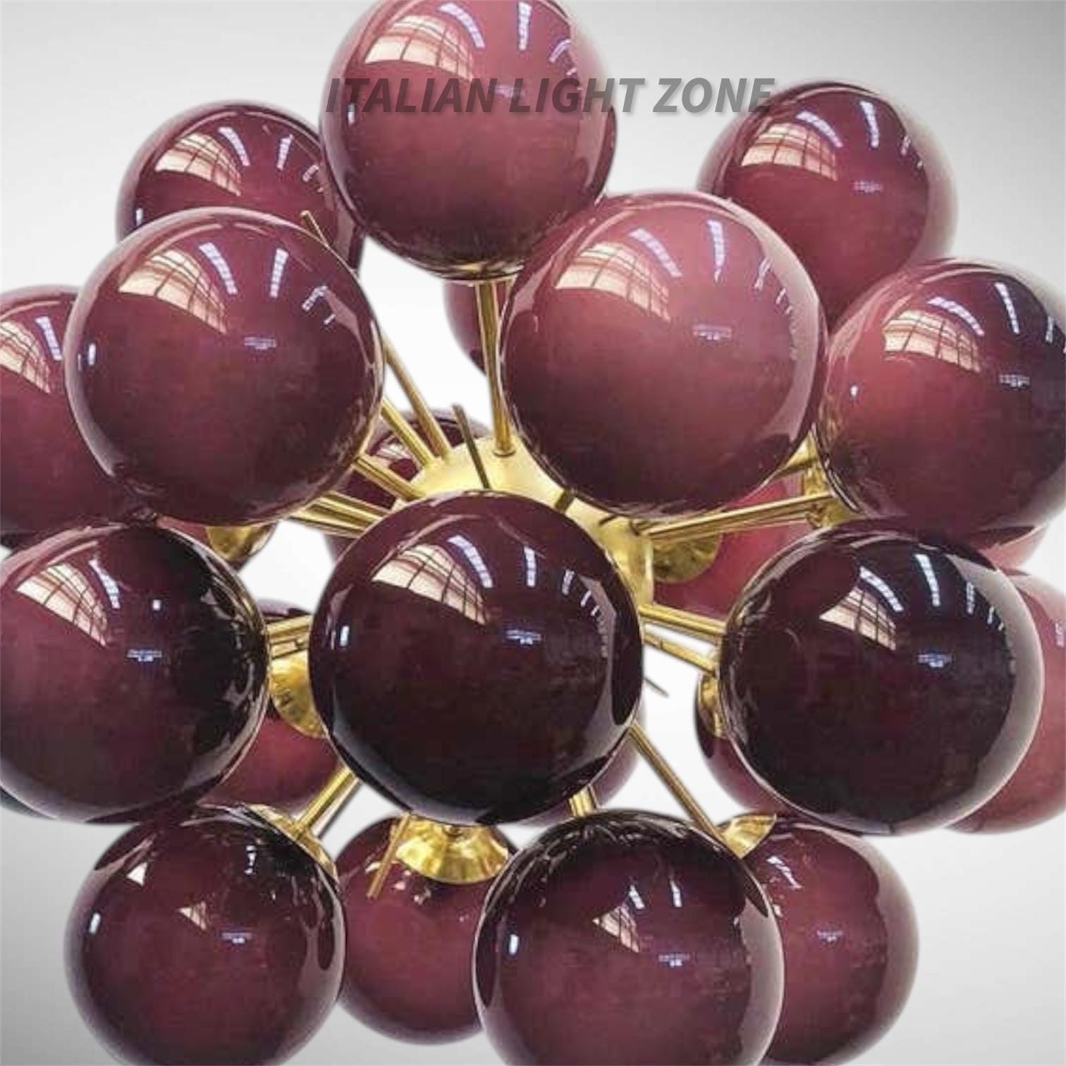 1950s Italian Mid Century Modern Burgundy Glass Sputnik Chandelier Brass Pendant Light, Retro Ceiling Lighting for Dining Room & Living Room