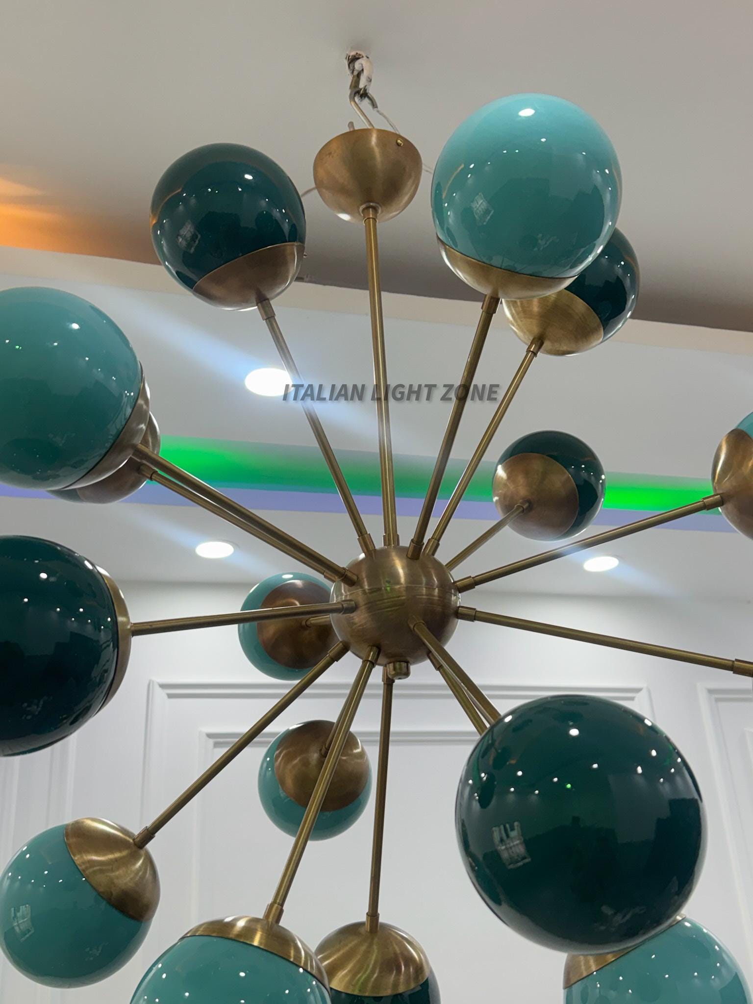 1950s Mid Century Modern Brass Green Glass Sputnik Chandelier | Atomic Starburst Globe Ceiling Light | Italian Retro Pendant Lighting