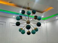 1950s Mid Century Modern Brass Green Glass Sputnik Chandelier | Atomic Starburst Globe Ceiling Light | Italian Retro Pendant Lighting