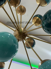 1950s Mid Century Modern Brass Green Glass Sputnik Chandelier | Atomic Starburst Globe Ceiling Light | Italian Retro Pendant Lighting
