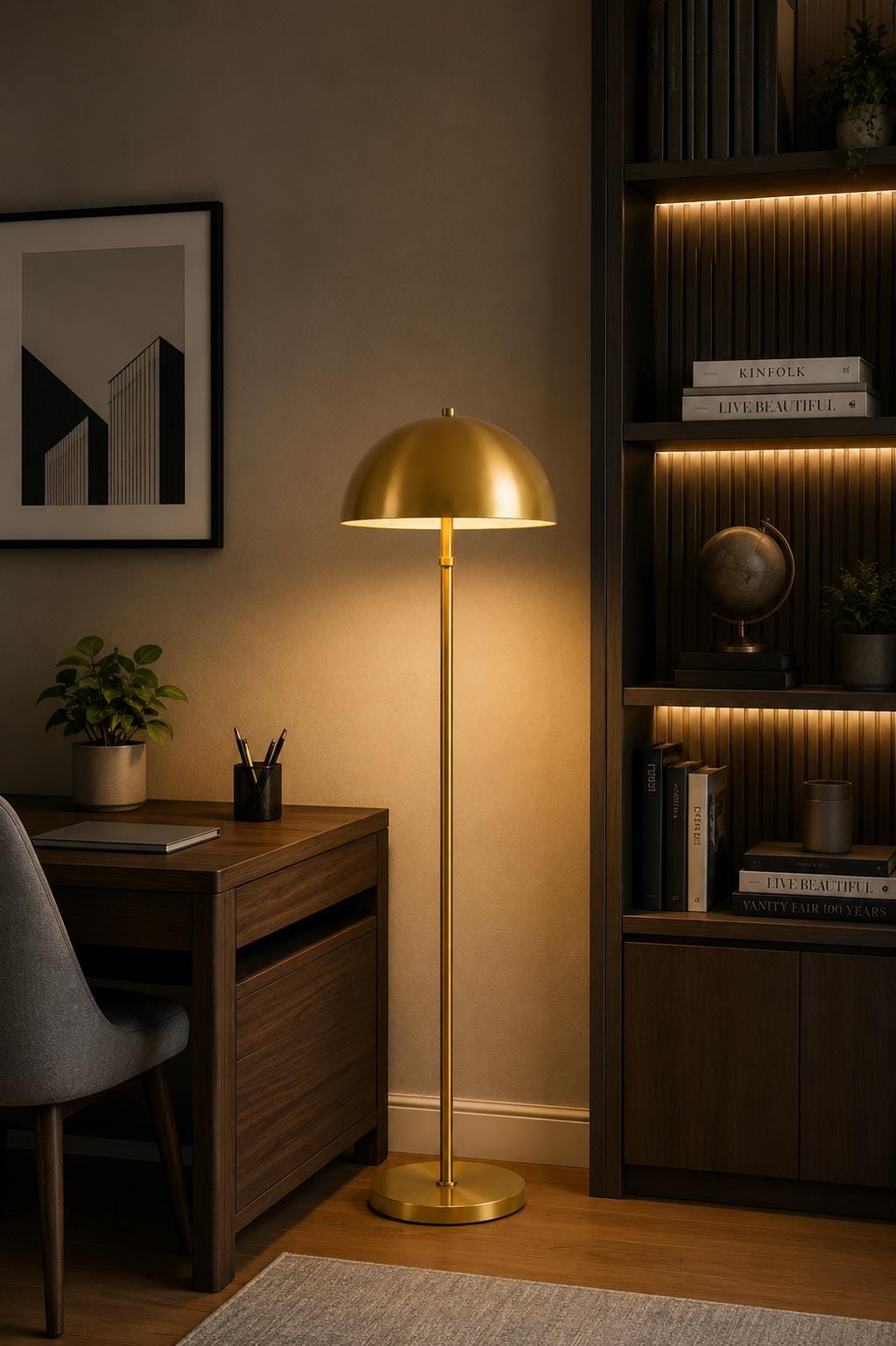 Brass Dome Floor Lamp, Mid Century Modern Standing Lamp, Mushroom Floor Light, Luxury Gold Floor Lamp, Minimalist Lighting