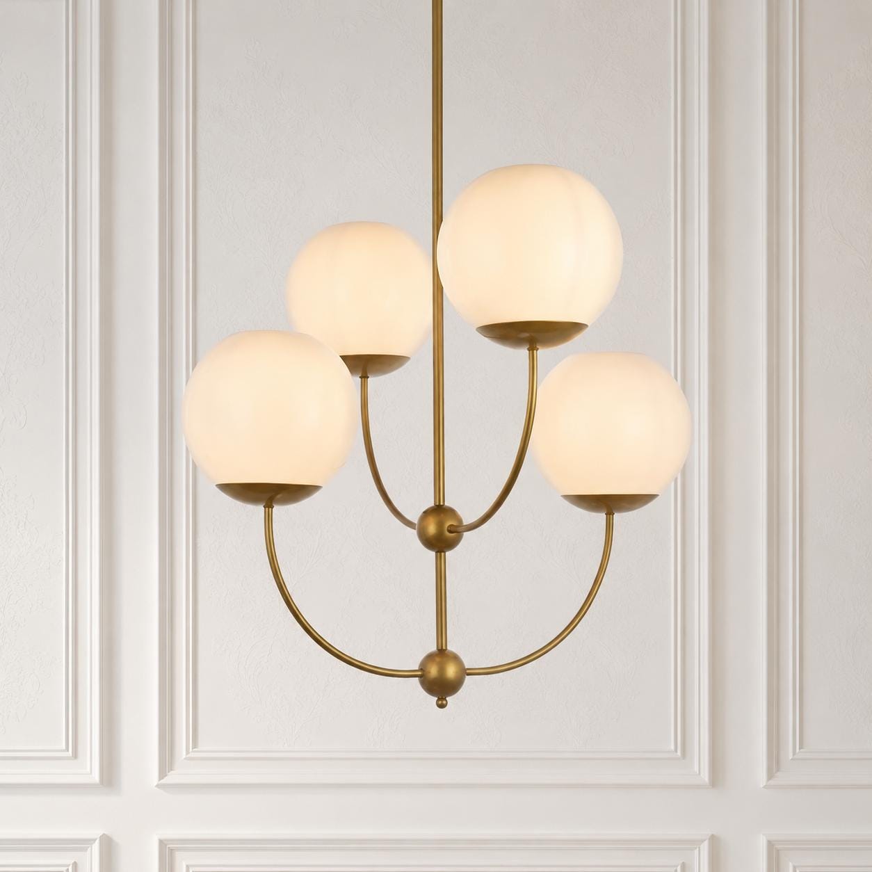 Modern Brass Chandelier, 4 Light Opal Pendant Light, Mid Century Modern Ceiling Light, Luxury Dining Room Fixture