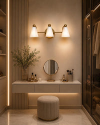 Modern Brass 3 Light Vanity Light, Mid Century Bathroom Wall Sconce, White alabaster Shade Fixture, Powder Room Lighting