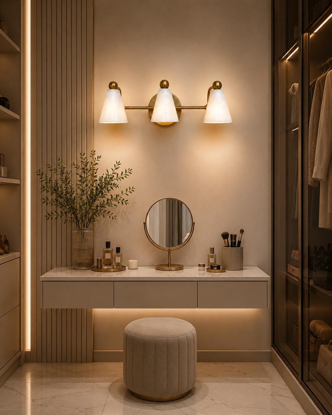 Modern Brass 3 Light Vanity Light, Mid Century Bathroom Wall Sconce, White alabaster Shade Fixture, Powder Room Lighting