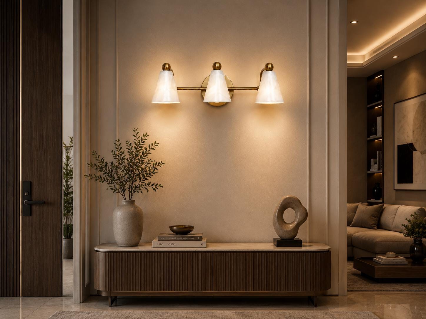Modern Brass 3 Light Vanity Light, Mid Century Bathroom Wall Sconce, White alabaster Shade Fixture, Powder Room Lighting