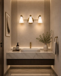 Modern Brass 3 Light Vanity Light, Mid Century Bathroom Wall Sconce, White alabaster Shade Fixture, Powder Room Lighting