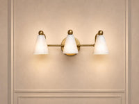Modern Brass 3 Light Vanity Light, Mid Century Bathroom Wall Sconce, White alabaster Shade Fixture, Powder Room Lighting