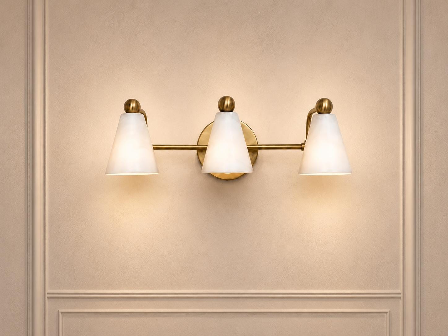 Modern Brass 3 Light Vanity Light, Mid Century Bathroom Wall Sconce, White alabaster Shade Fixture, Powder Room Lighting