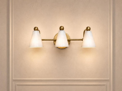 Modern Brass 3 Light Vanity Light, Mid Century Bathroom Wall Sconce, White alabaster Shade Fixture, Powder Room Lighting
