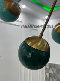 1950s Mid Century Modern Brass Green Glass Sputnik Chandelier | Atomic Starburst Globe Ceiling Light | Italian Retro Pendant Lighting