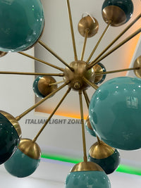 1950s Mid Century Modern Brass Green Glass Sputnik Chandelier | Atomic Starburst Globe Ceiling Light | Italian Retro Pendant Lighting