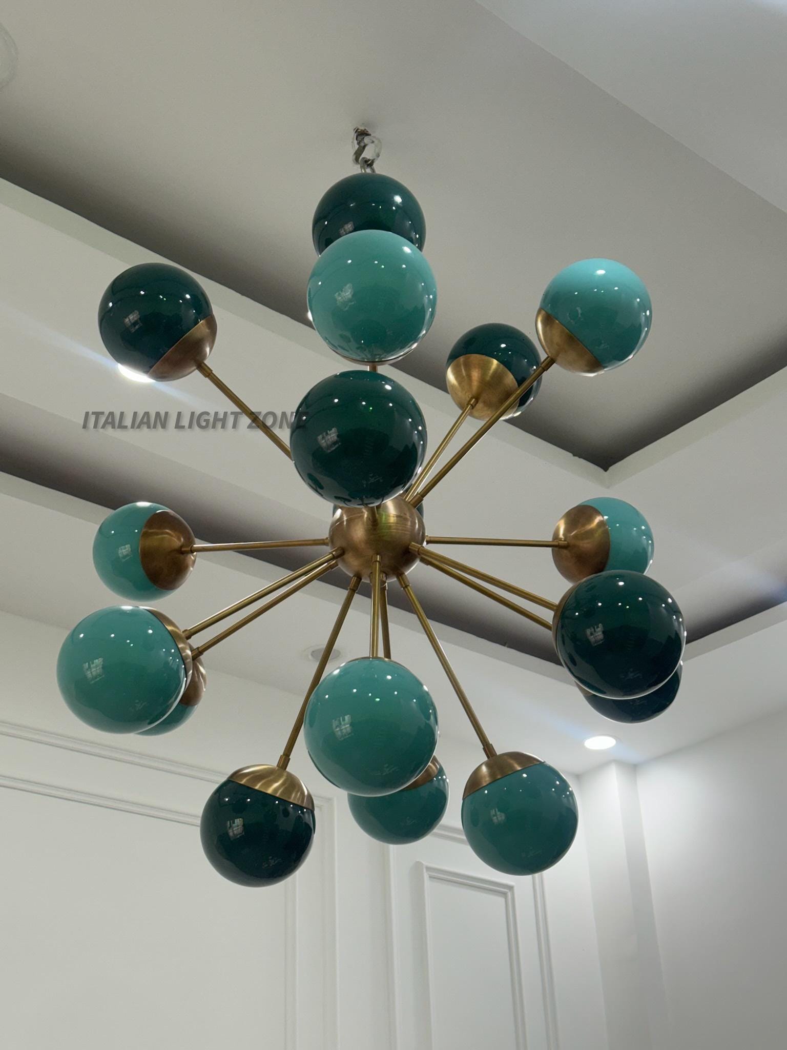 1950s Mid Century Modern Brass Green Glass Sputnik Chandelier | Atomic Starburst Globe Ceiling Light | Italian Retro Pendant Lighting