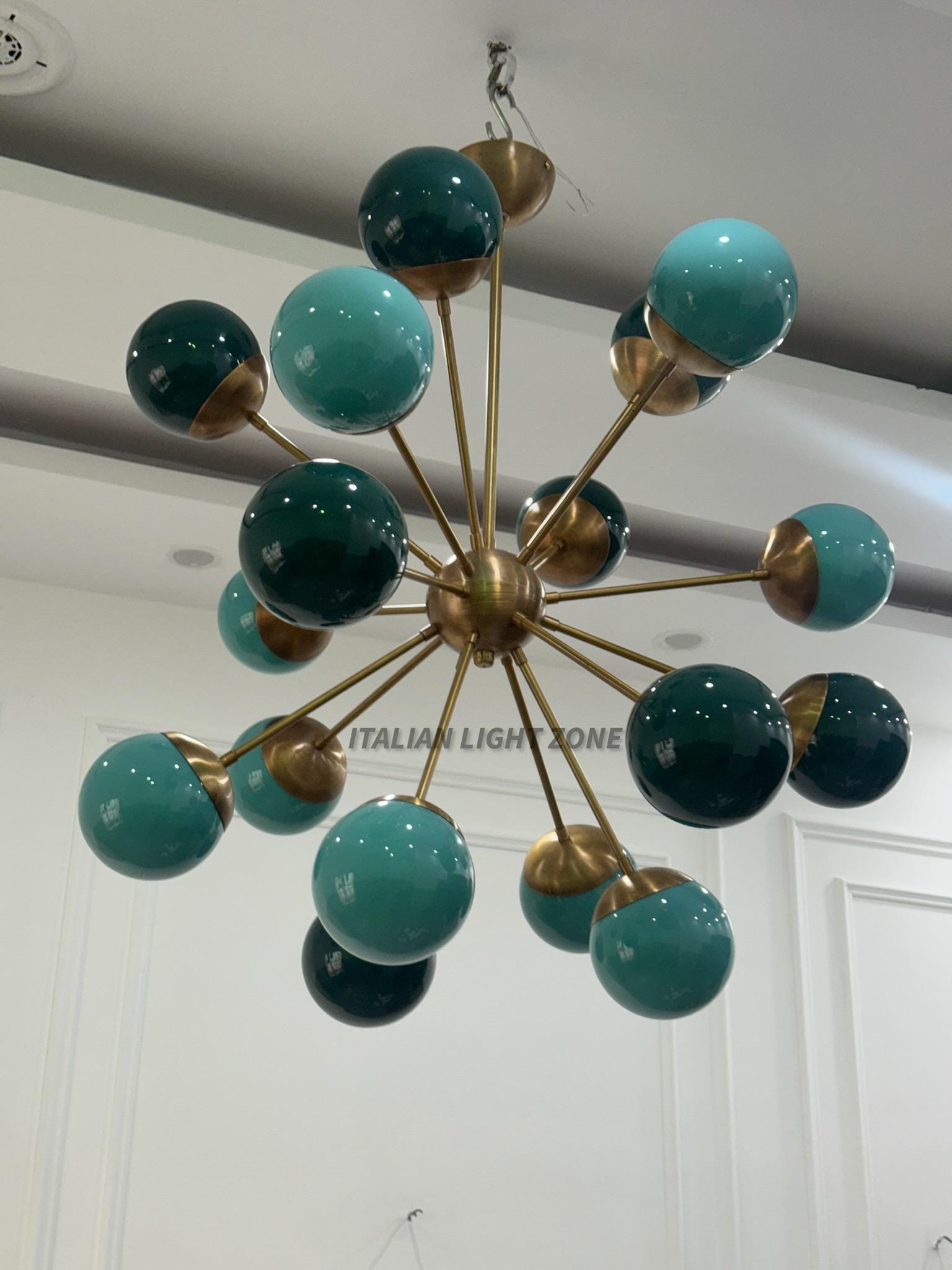 1950s Mid Century Modern Brass Green Glass Sputnik Chandelier | Atomic Starburst Globe Ceiling Light | Italian Retro Pendant Lighting