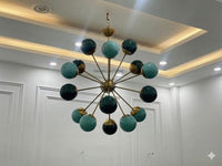 1950s Mid Century Modern Brass Green Glass Sputnik Chandelier | Atomic Starburst Globe Ceiling Light | Italian Retro Pendant Lighting