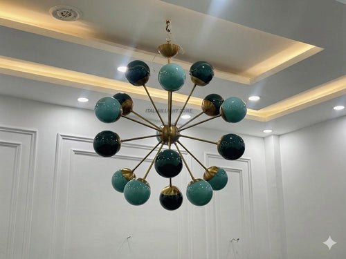 1950s Mid Century Modern Brass Green Glass Sputnik Chandelier | Atomic Starburst Globe Ceiling Light | Italian Retro Pendant Lighting