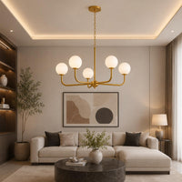 Mid Century Modern Brass Chandelier, 5 Light Globe Chandelier, Modern Ceiling Light, Brass Pendant Light Fixture