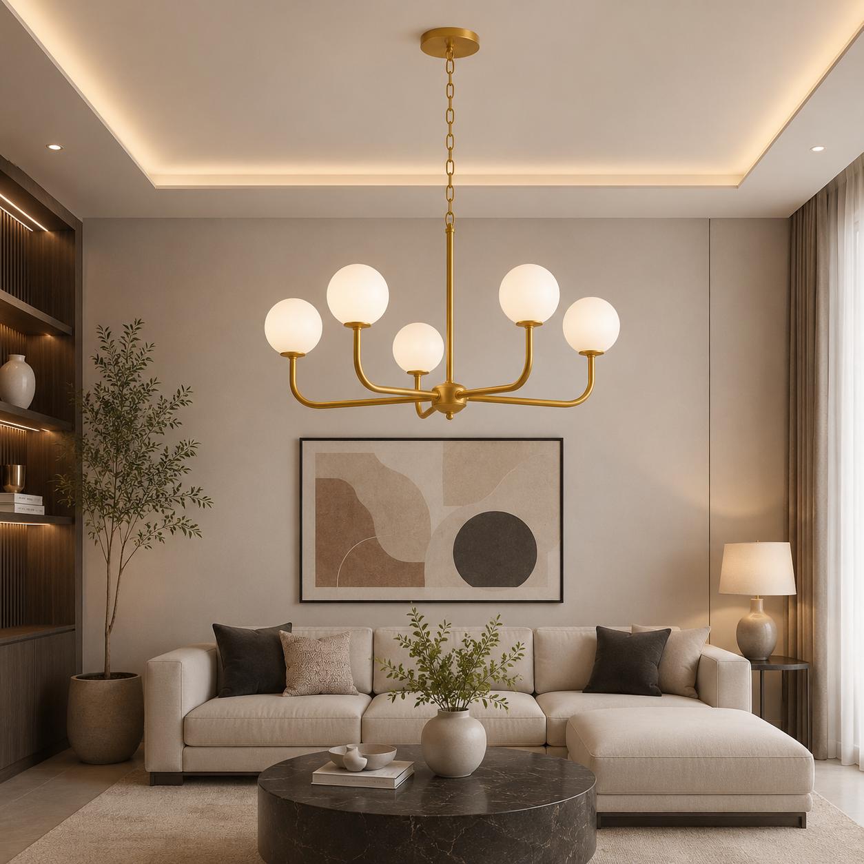 Mid Century Modern Brass Chandelier, 5 Light Globe Chandelier, Modern Ceiling Light, Brass Pendant Light Fixture