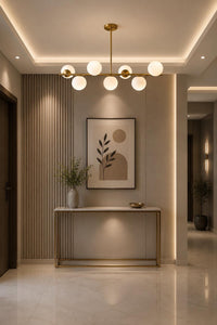 Modern Brass Globe Chandelier, Mid Century Modern Linear Pendant Light, 7 Light Milk Glass Ceiling Fixture for Dining Room