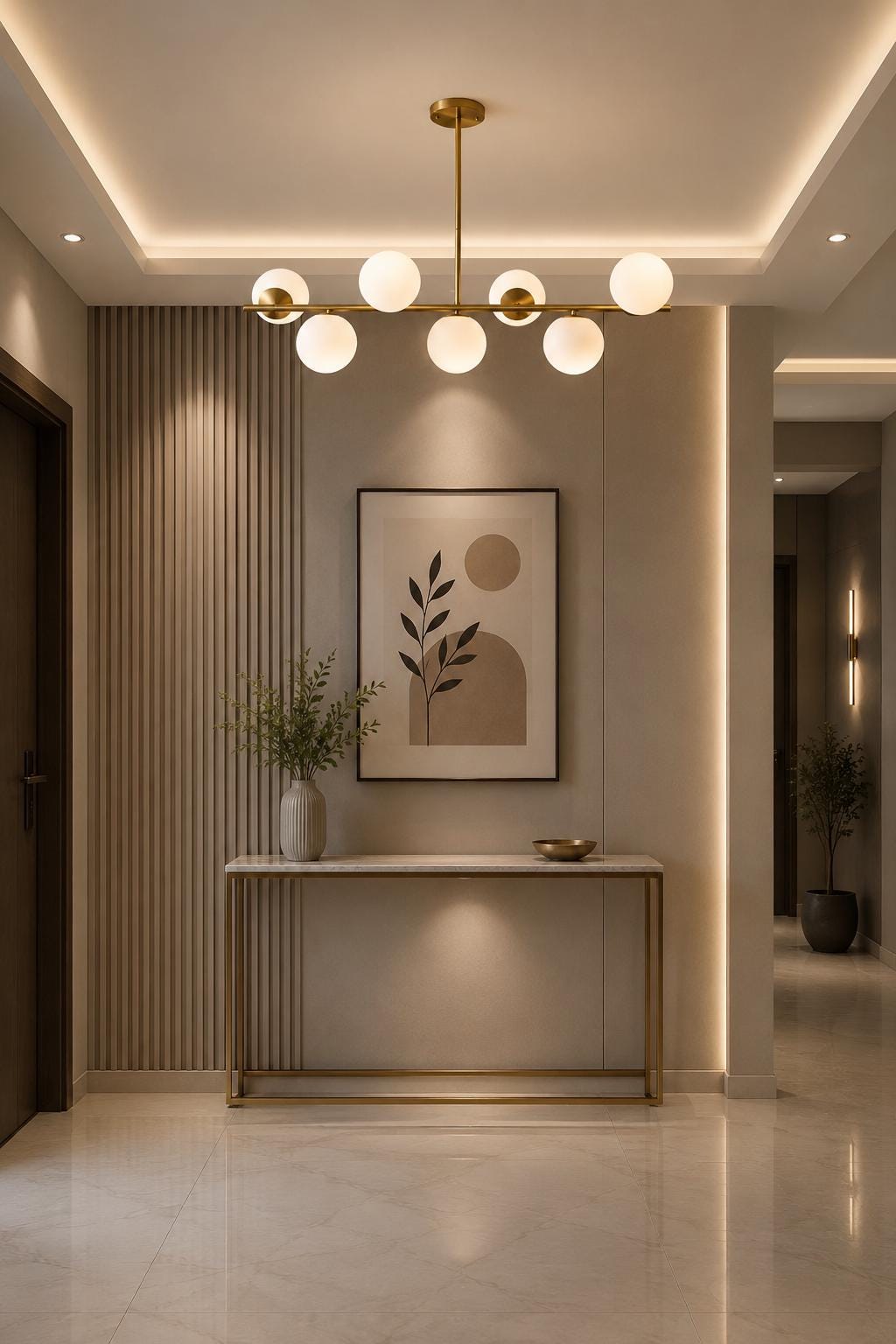 Modern Brass Globe Chandelier, Mid Century Modern Linear Pendant Light, 7 Light Milk Glass Ceiling Fixture for Dining Room