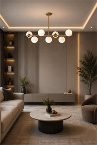 Modern Brass Globe Chandelier, Mid Century Modern Linear Pendant Light, 7 Light Milk Glass Ceiling Fixture for Dining Room