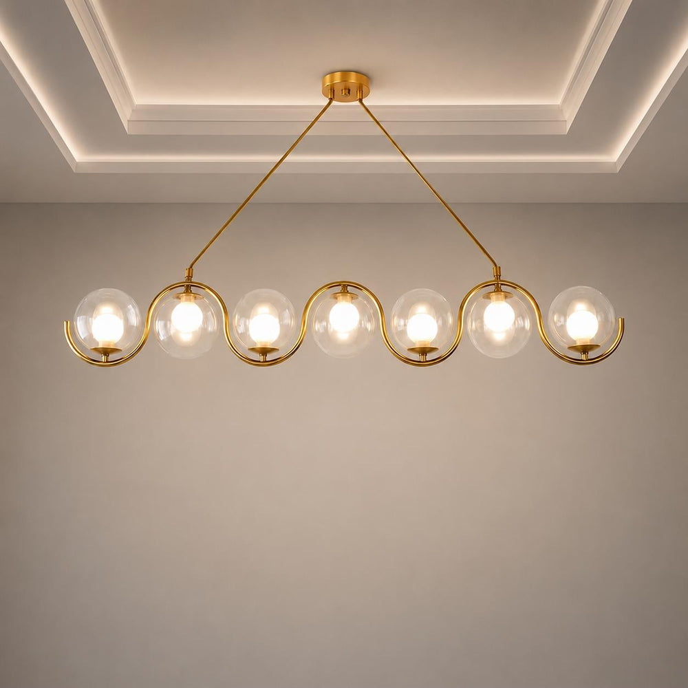 Modern Brass Linear Chandelier, 7 Light Glass Globe Pendant Light, Mid Century Modern Dining Room Island Lighting Fixture