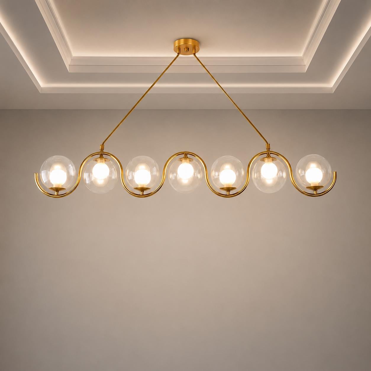 Modern Brass Linear Chandelier, 7 Light Glass Globe Pendant Light, Mid Century Modern Dining Room Island Lighting Fixture