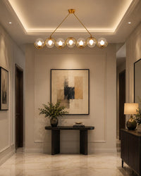 Modern Brass Linear Chandelier, 7 Light Glass Globe Pendant Light, Mid Century Modern Dining Room Island Lighting Fixture