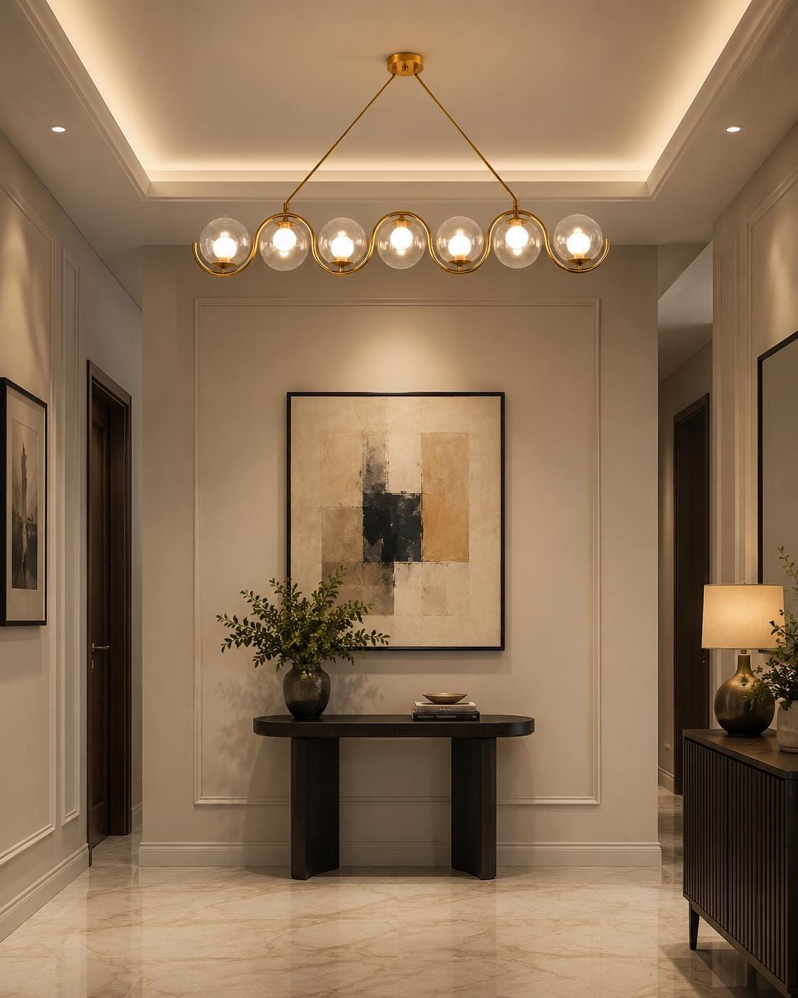 Modern Brass Linear Chandelier, 7 Light Glass Globe Pendant Light, Mid Century Modern Dining Room Island Lighting Fixture