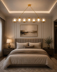 Modern Brass Linear Chandelier, 7 Light Glass Globe Pendant Light, Mid Century Modern Dining Room Island Lighting Fixture