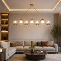 Modern Brass Linear Chandelier, 7 Light Glass Globe Pendant Light, Mid Century Modern Dining Room Island Lighting Fixture